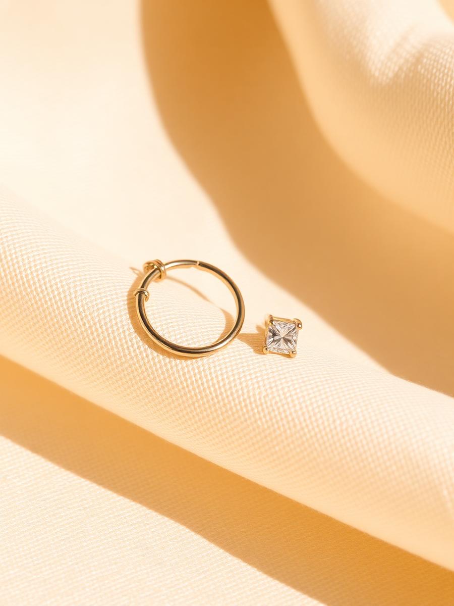 Gold-plated hoop and square cubic zirconia stud on ivory fabric