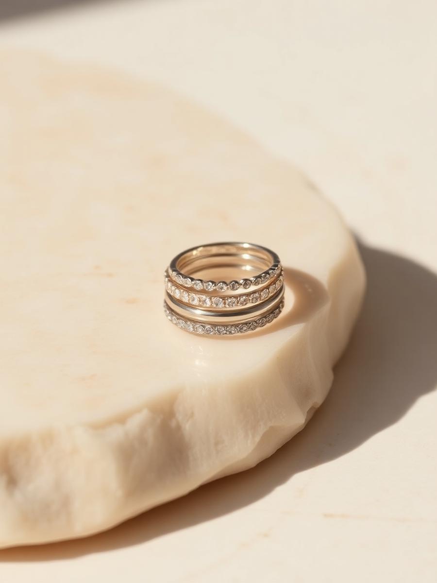 Stacked silver and champagne gold rings on an ivory stone