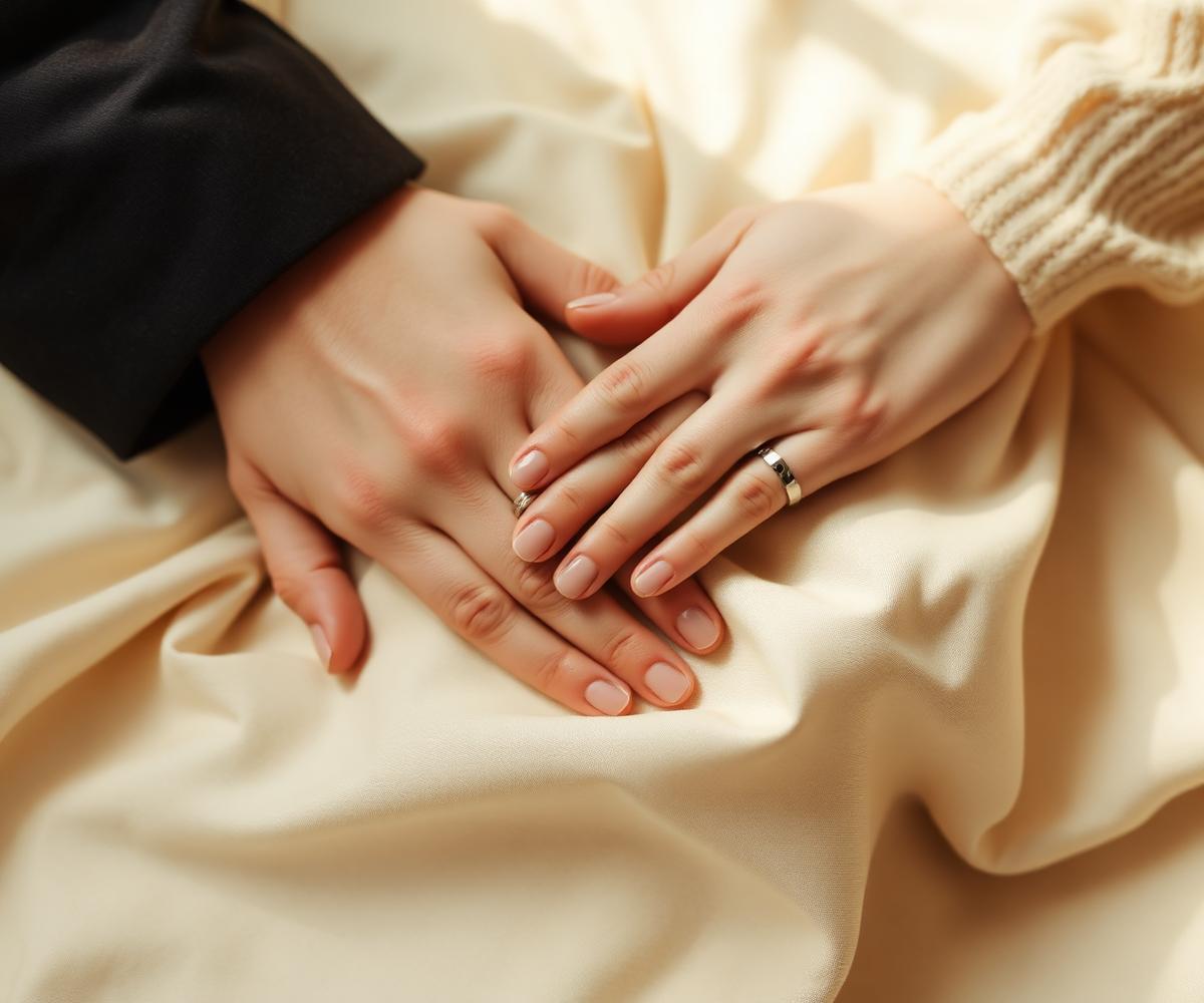 Two hands resting together wearing matching slim silver bands