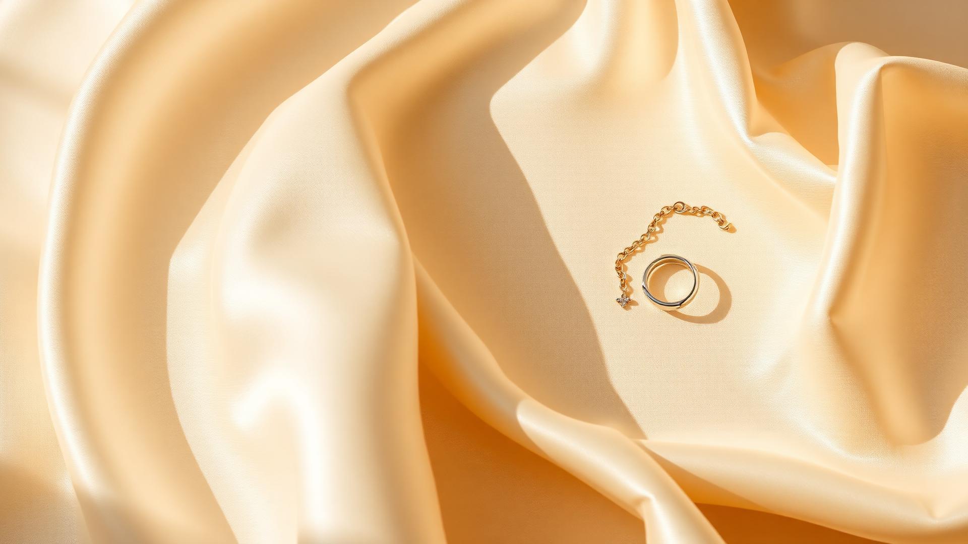 Champagne gold chain bracelet and silver ring resting on ivory silk