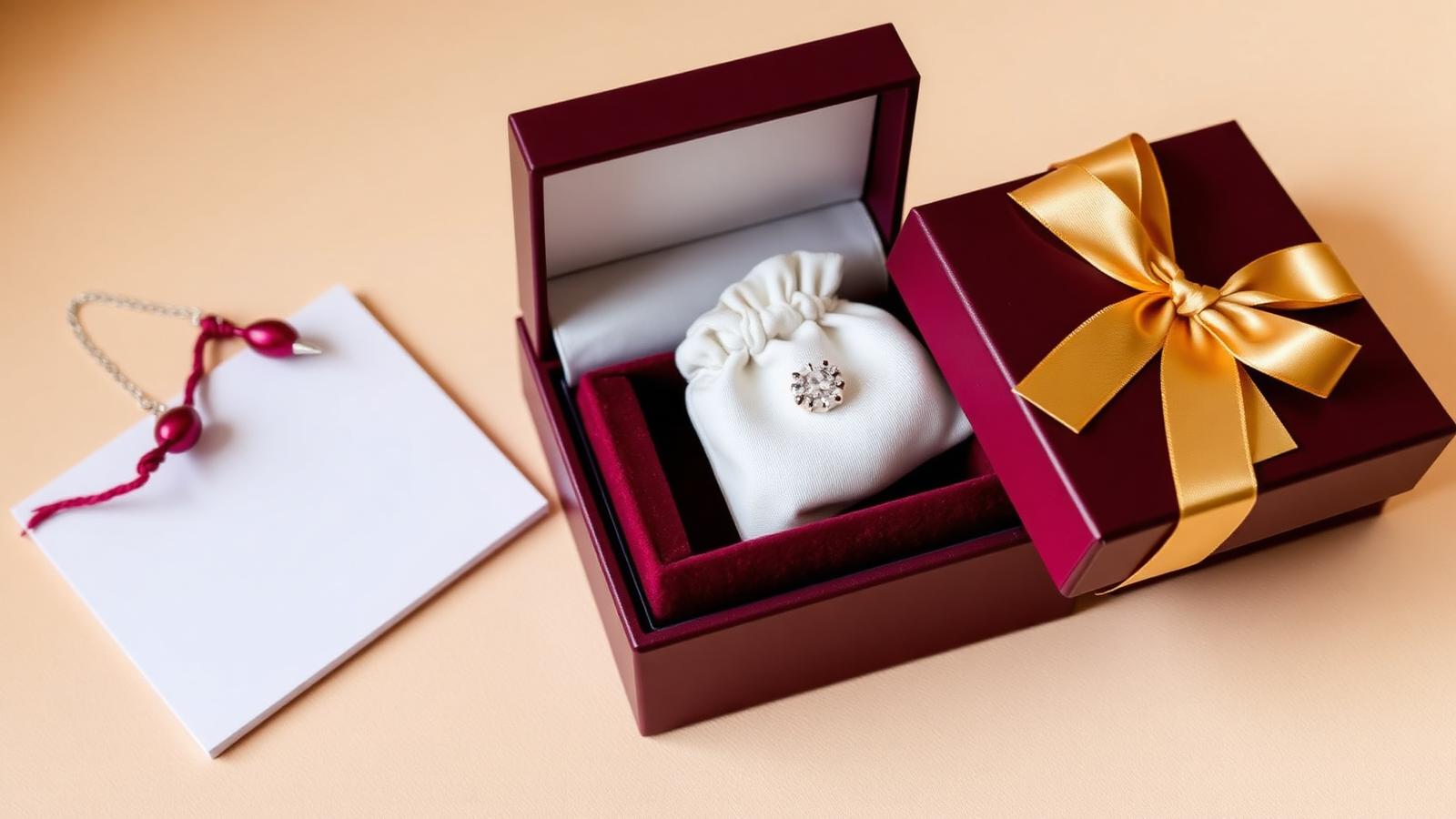 Wine coloured jewellery gift box with champagne ribbon and ivory pouch
